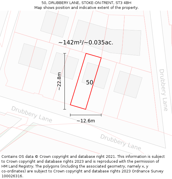 50, DRUBBERY LANE, STOKE-ON-TRENT, ST3 4BH: Plot and title map