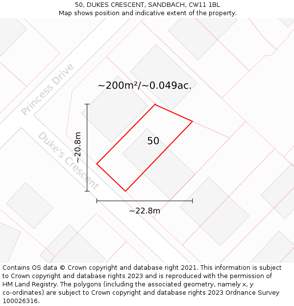 50, DUKES CRESCENT, SANDBACH, CW11 1BL: Plot and title map