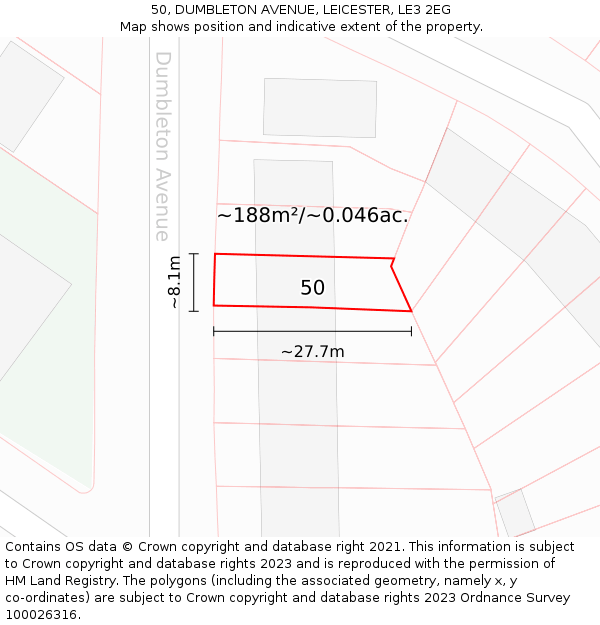 50, DUMBLETON AVENUE, LEICESTER, LE3 2EG: Plot and title map