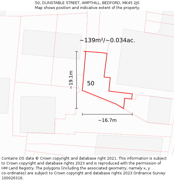 50, DUNSTABLE STREET, AMPTHILL, BEDFORD, MK45 2JS: Plot and title map