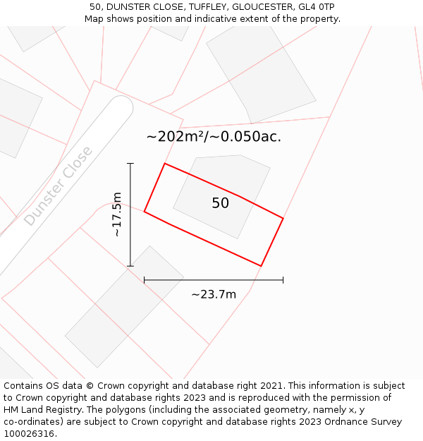 50, DUNSTER CLOSE, TUFFLEY, GLOUCESTER, GL4 0TP: Plot and title map