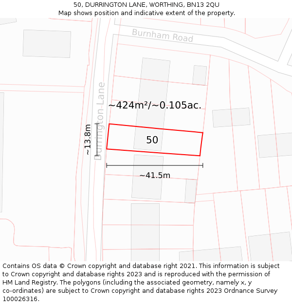 50, DURRINGTON LANE, WORTHING, BN13 2QU: Plot and title map