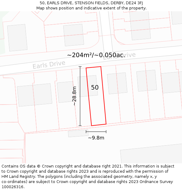 50, EARLS DRIVE, STENSON FIELDS, DERBY, DE24 3FJ: Plot and title map