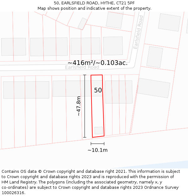 50, EARLSFIELD ROAD, HYTHE, CT21 5PF: Plot and title map
