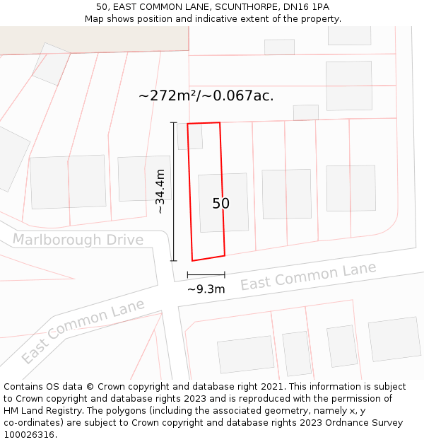 50, EAST COMMON LANE, SCUNTHORPE, DN16 1PA: Plot and title map
