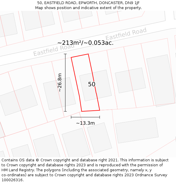 50, EASTFIELD ROAD, EPWORTH, DONCASTER, DN9 1JF: Plot and title map