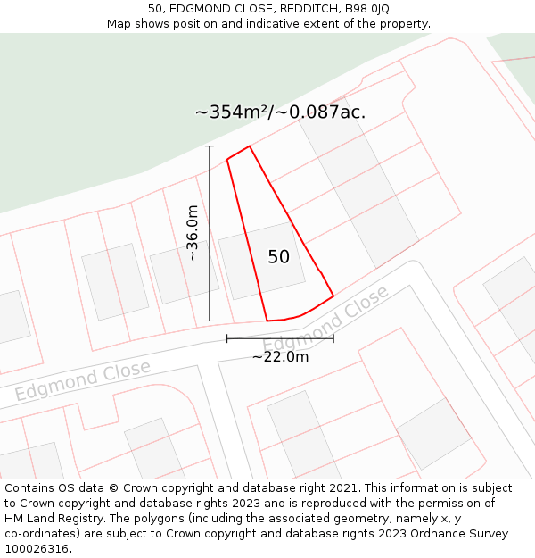 50, EDGMOND CLOSE, REDDITCH, B98 0JQ: Plot and title map