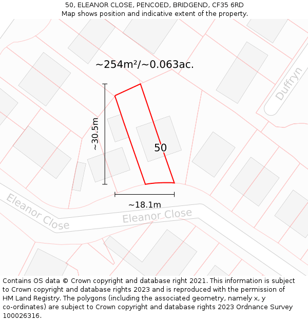 50, ELEANOR CLOSE, PENCOED, BRIDGEND, CF35 6RD: Plot and title map