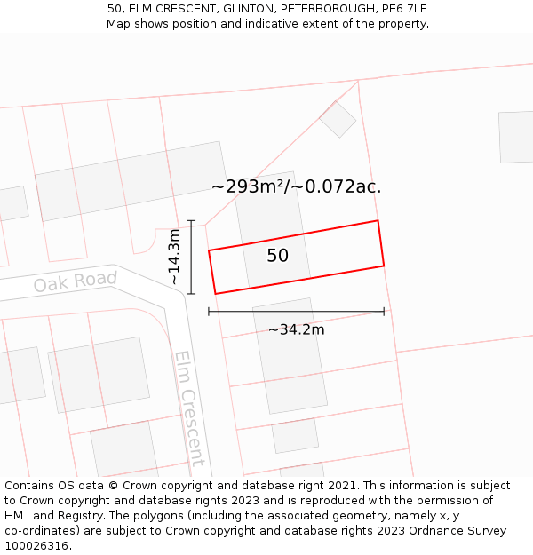 50, ELM CRESCENT, GLINTON, PETERBOROUGH, PE6 7LE: Plot and title map