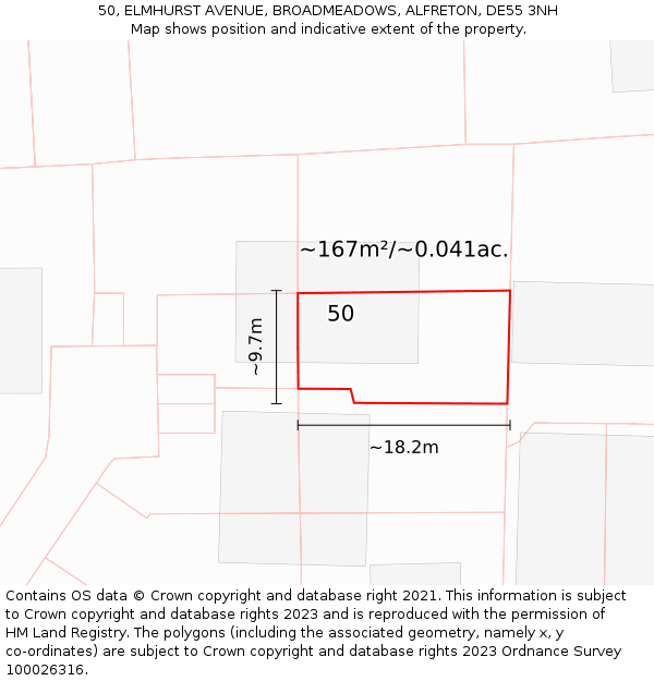 50, ELMHURST AVENUE, BROADMEADOWS, ALFRETON, DE55 3NH: Plot and title map