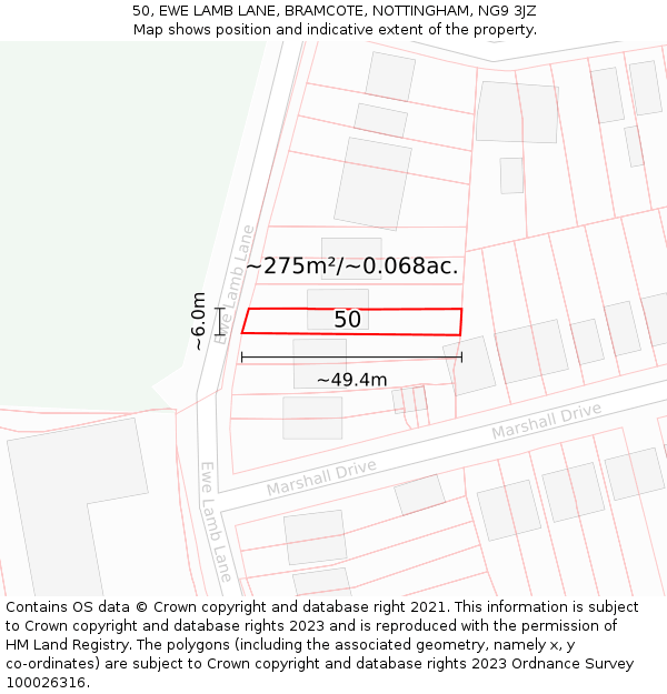 50, EWE LAMB LANE, BRAMCOTE, NOTTINGHAM, NG9 3JZ: Plot and title map