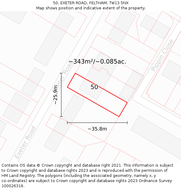 50, EXETER ROAD, FELTHAM, TW13 5NX: Plot and title map