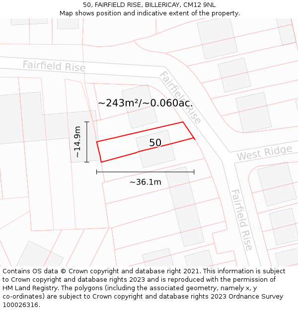 50, FAIRFIELD RISE, BILLERICAY, CM12 9NL: Plot and title map