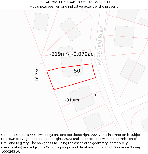 50, FALLOWFIELD ROAD, GRIMSBY, DN33 3HB: Plot and title map