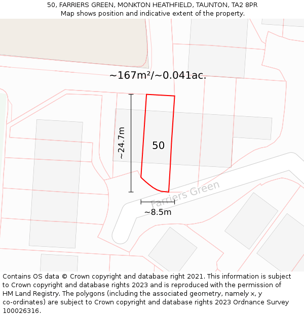 50, FARRIERS GREEN, MONKTON HEATHFIELD, TAUNTON, TA2 8PR: Plot and title map