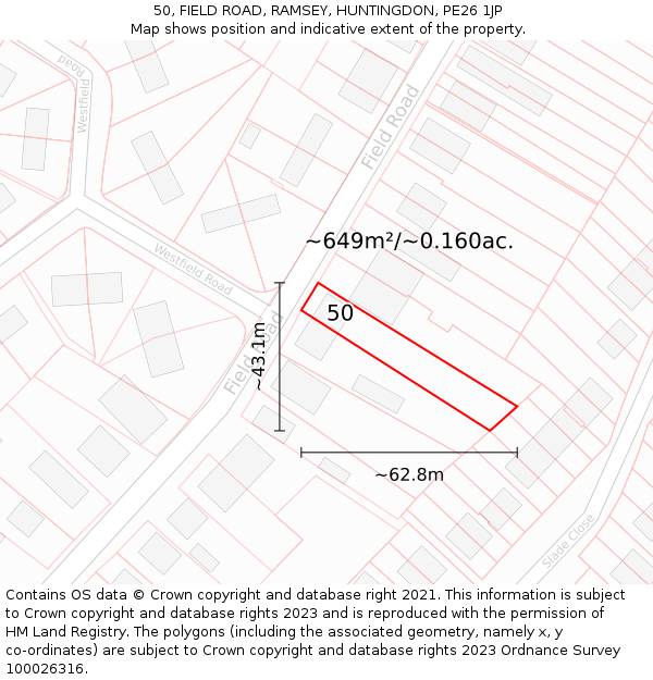 50, FIELD ROAD, RAMSEY, HUNTINGDON, PE26 1JP: Plot and title map