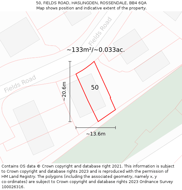 50, FIELDS ROAD, HASLINGDEN, ROSSENDALE, BB4 6QA: Plot and title map