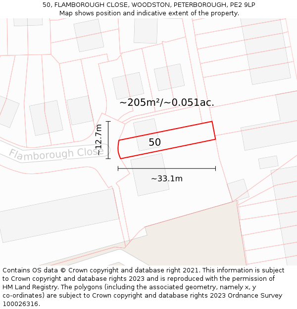50, FLAMBOROUGH CLOSE, WOODSTON, PETERBOROUGH, PE2 9LP: Plot and title map