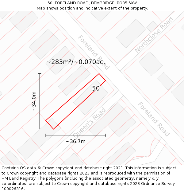 50, FORELAND ROAD, BEMBRIDGE, PO35 5XW: Plot and title map