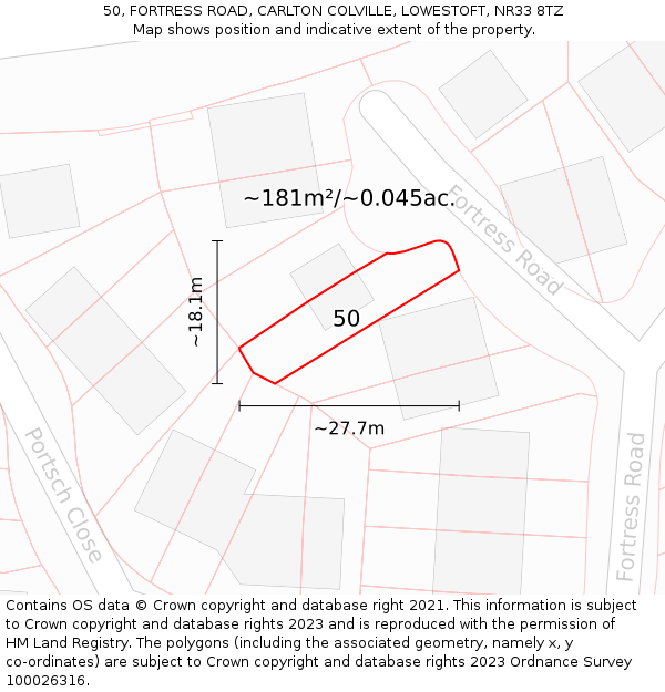 50, FORTRESS ROAD, CARLTON COLVILLE, LOWESTOFT, NR33 8TZ: Plot and title map