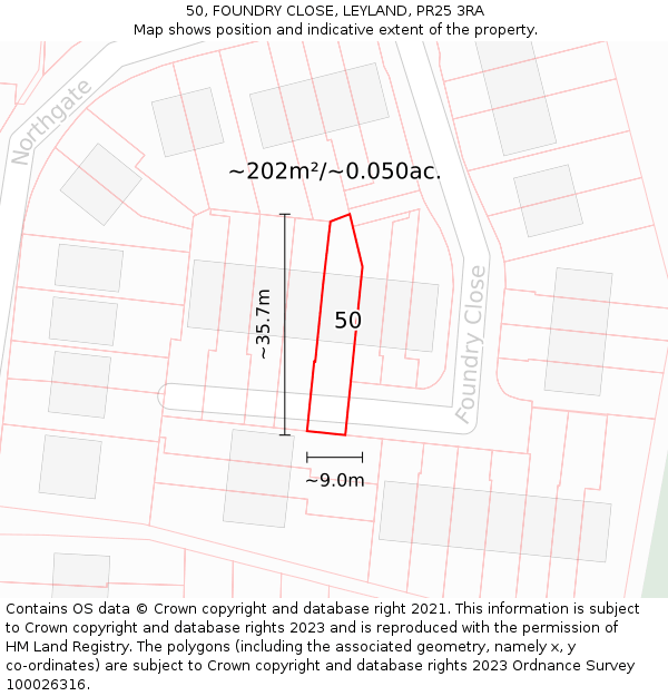 50, FOUNDRY CLOSE, LEYLAND, PR25 3RA: Plot and title map
