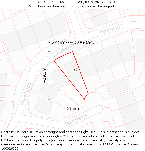 50, FOURFIELDS, BAMBER BRIDGE, PRESTON, PR5 6GS: Plot and title map