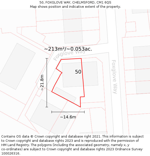 50, FOXGLOVE WAY, CHELMSFORD, CM1 6QS: Plot and title map