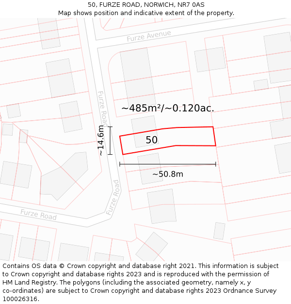 50, FURZE ROAD, NORWICH, NR7 0AS: Plot and title map