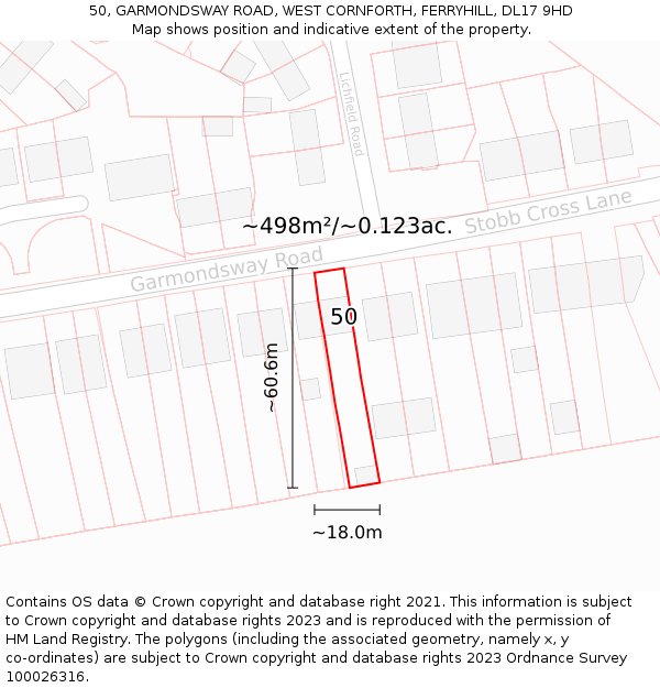 50, GARMONDSWAY ROAD, WEST CORNFORTH, FERRYHILL, DL17 9HD: Plot and title map