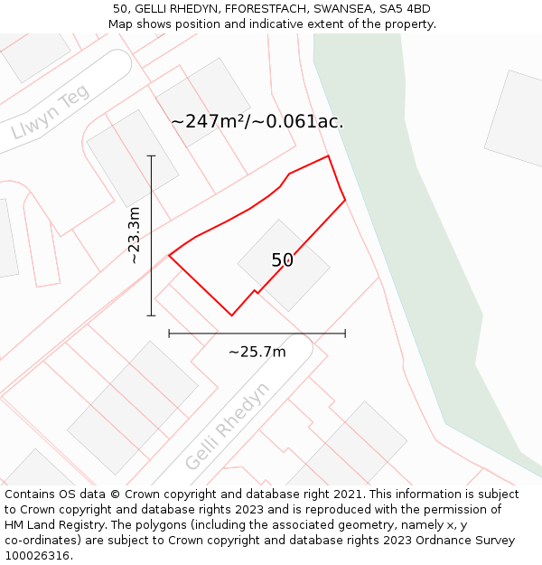 50, GELLI RHEDYN, FFORESTFACH, SWANSEA, SA5 4BD: Plot and title map