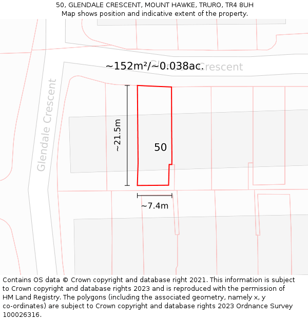 50, GLENDALE CRESCENT, MOUNT HAWKE, TRURO, TR4 8UH: Plot and title map