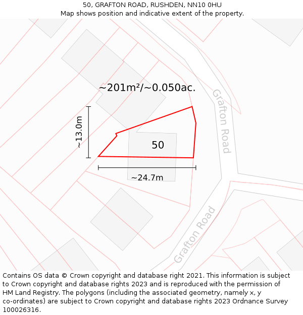 50, GRAFTON ROAD, RUSHDEN, NN10 0HU: Plot and title map