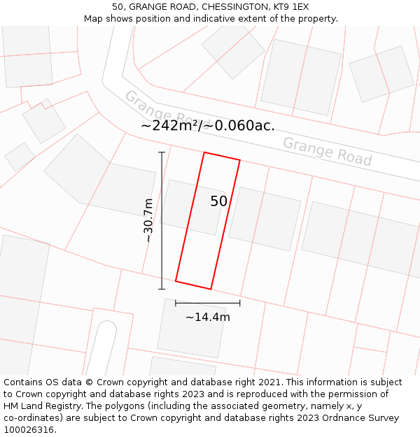 50, GRANGE ROAD, CHESSINGTON, KT9 1EX: Plot and title map