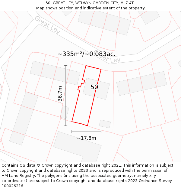 50, GREAT LEY, WELWYN GARDEN CITY, AL7 4TL: Plot and title map