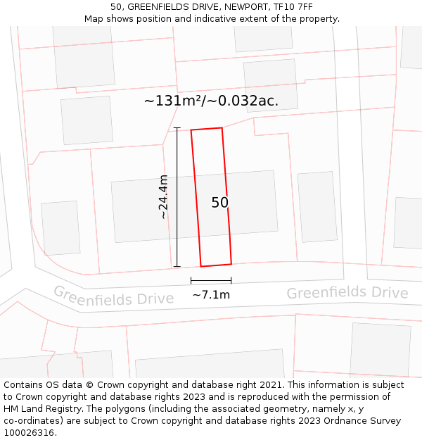 50, GREENFIELDS DRIVE, NEWPORT, TF10 7FF: Plot and title map