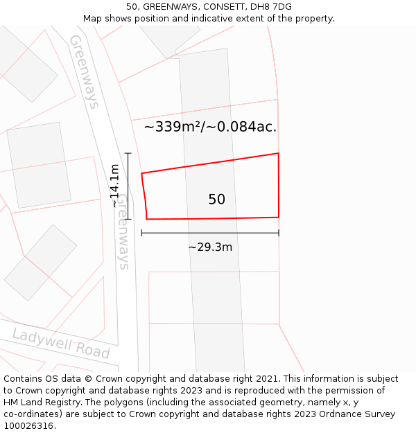 50, GREENWAYS, CONSETT, DH8 7DG: Plot and title map