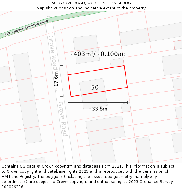 50, GROVE ROAD, WORTHING, BN14 9DG: Plot and title map