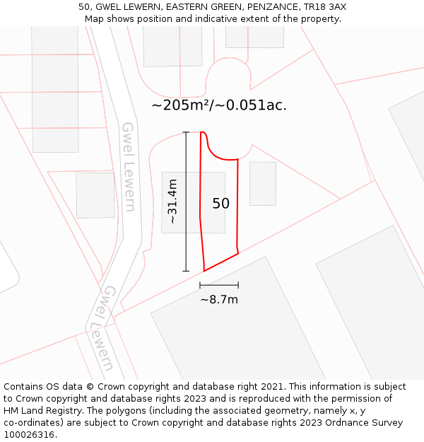 50, GWEL LEWERN, EASTERN GREEN, PENZANCE, TR18 3AX: Plot and title map