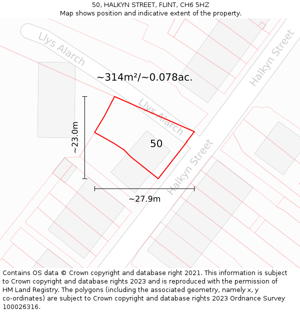 50, HALKYN STREET, FLINT, CH6 5HZ: Plot and title map