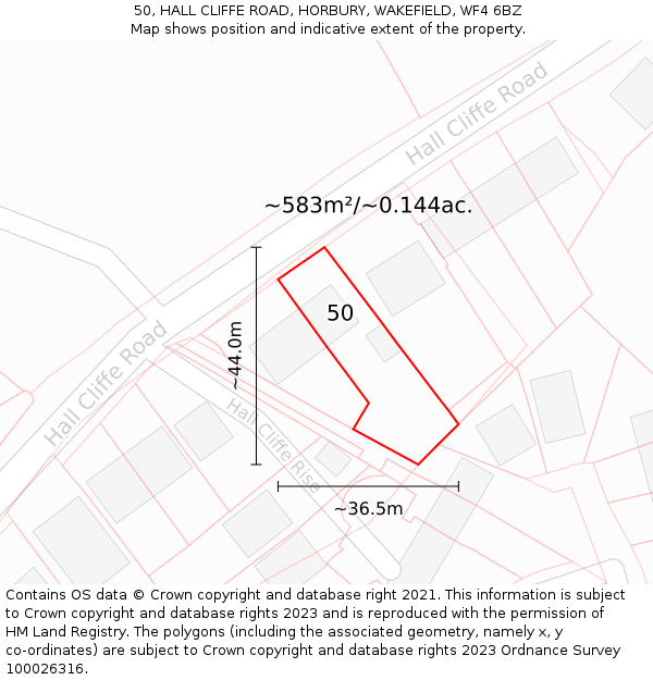 50, HALL CLIFFE ROAD, HORBURY, WAKEFIELD, WF4 6BZ: Plot and title map