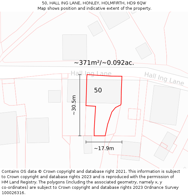 50, HALL ING LANE, HONLEY, HOLMFIRTH, HD9 6QW: Plot and title map