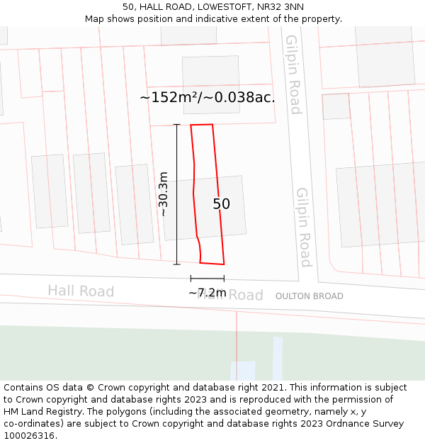 50, HALL ROAD, LOWESTOFT, NR32 3NN: Plot and title map