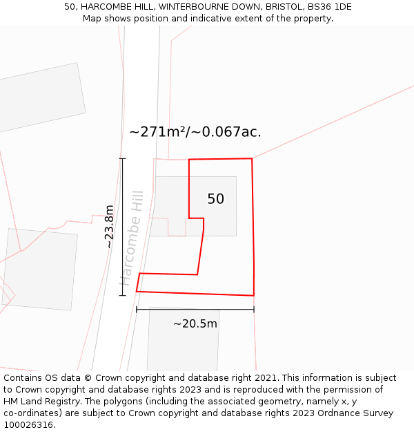 50, HARCOMBE HILL, WINTERBOURNE DOWN, BRISTOL, BS36 1DE: Plot and title map