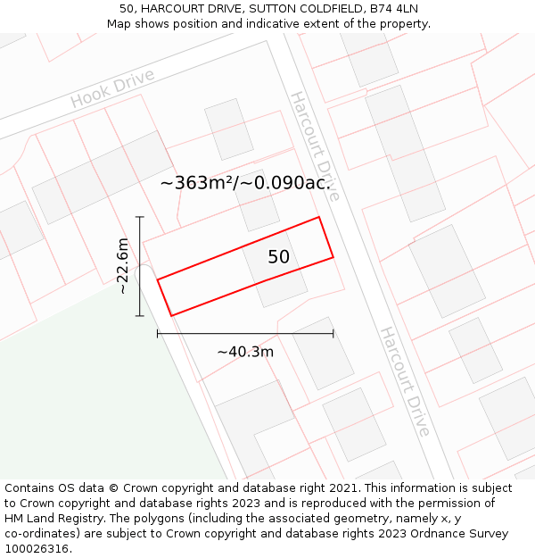50, HARCOURT DRIVE, SUTTON COLDFIELD, B74 4LN: Plot and title map