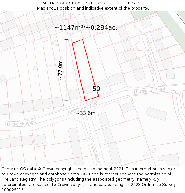 50, HARDWICK ROAD, SUTTON COLDFIELD, B74 3DJ: Plot and title map