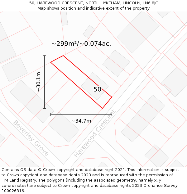 50, HAREWOOD CRESCENT, NORTH HYKEHAM, LINCOLN, LN6 8JG: Plot and title map