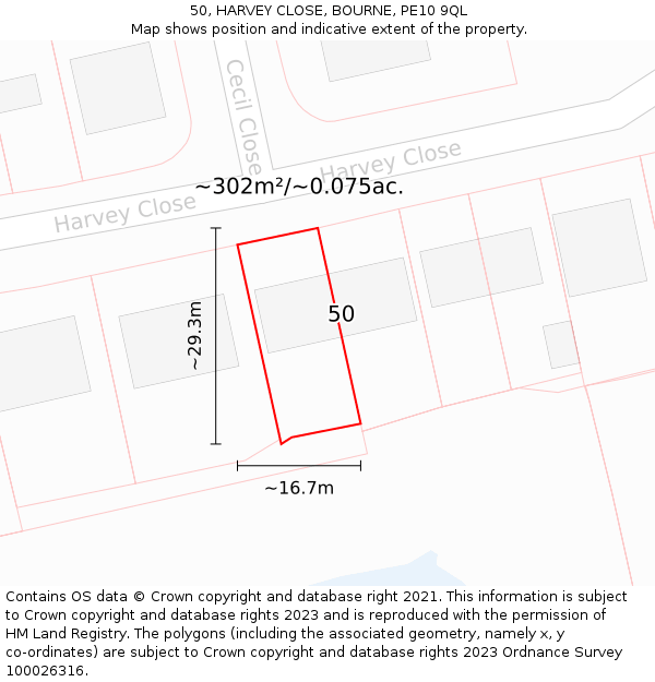 50, HARVEY CLOSE, BOURNE, PE10 9QL: Plot and title map