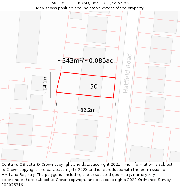 50, HATFIELD ROAD, RAYLEIGH, SS6 9AR: Plot and title map
