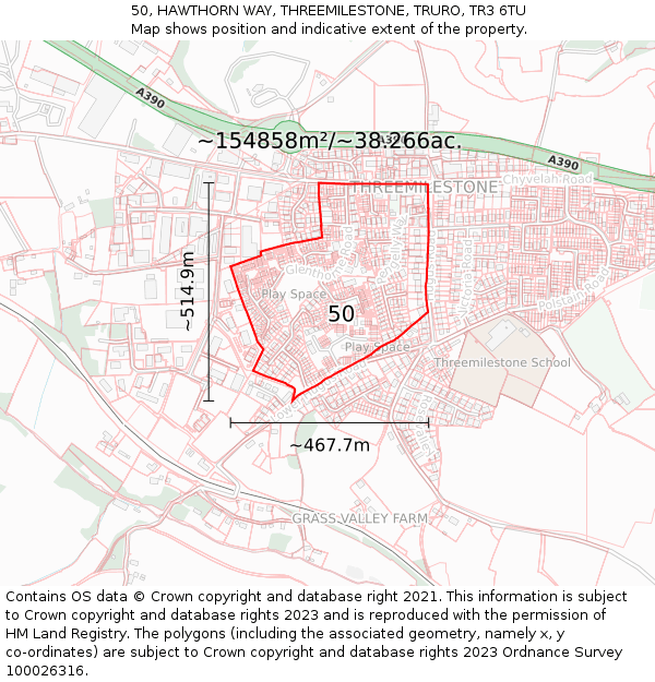 50, HAWTHORN WAY, THREEMILESTONE, TRURO, TR3 6TU: Plot and title map