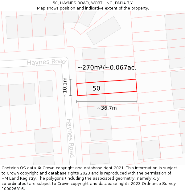 50, HAYNES ROAD, WORTHING, BN14 7JY: Plot and title map